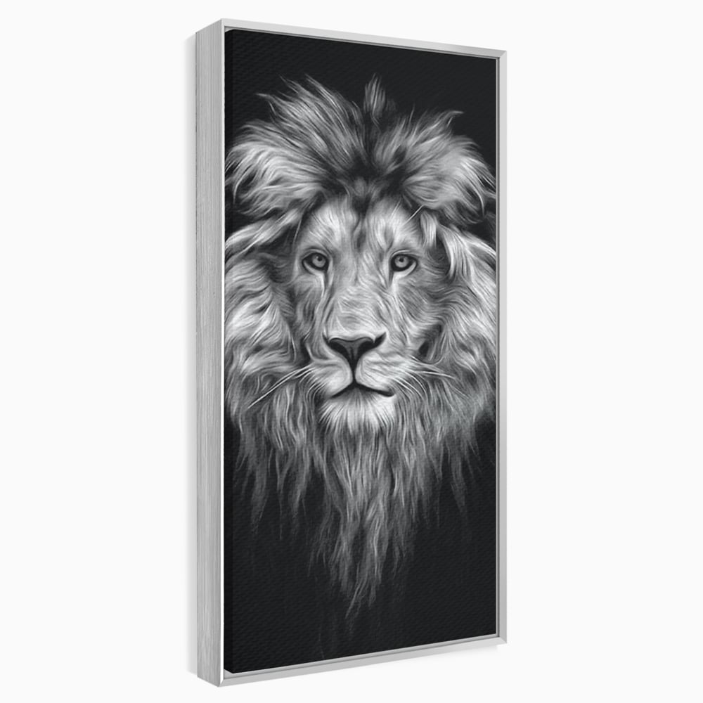 Tablou canvas cu tablou canvas cu leu alb negru, in rama de aluminiu argintiu